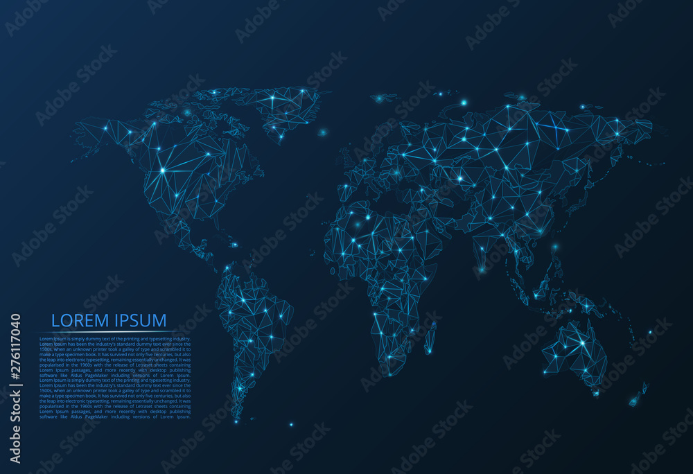 Poster map of the world communication network. vector low-poly image of a global map with lights in the for