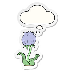 cartoon wild flower and thought bubble as a printed sticker