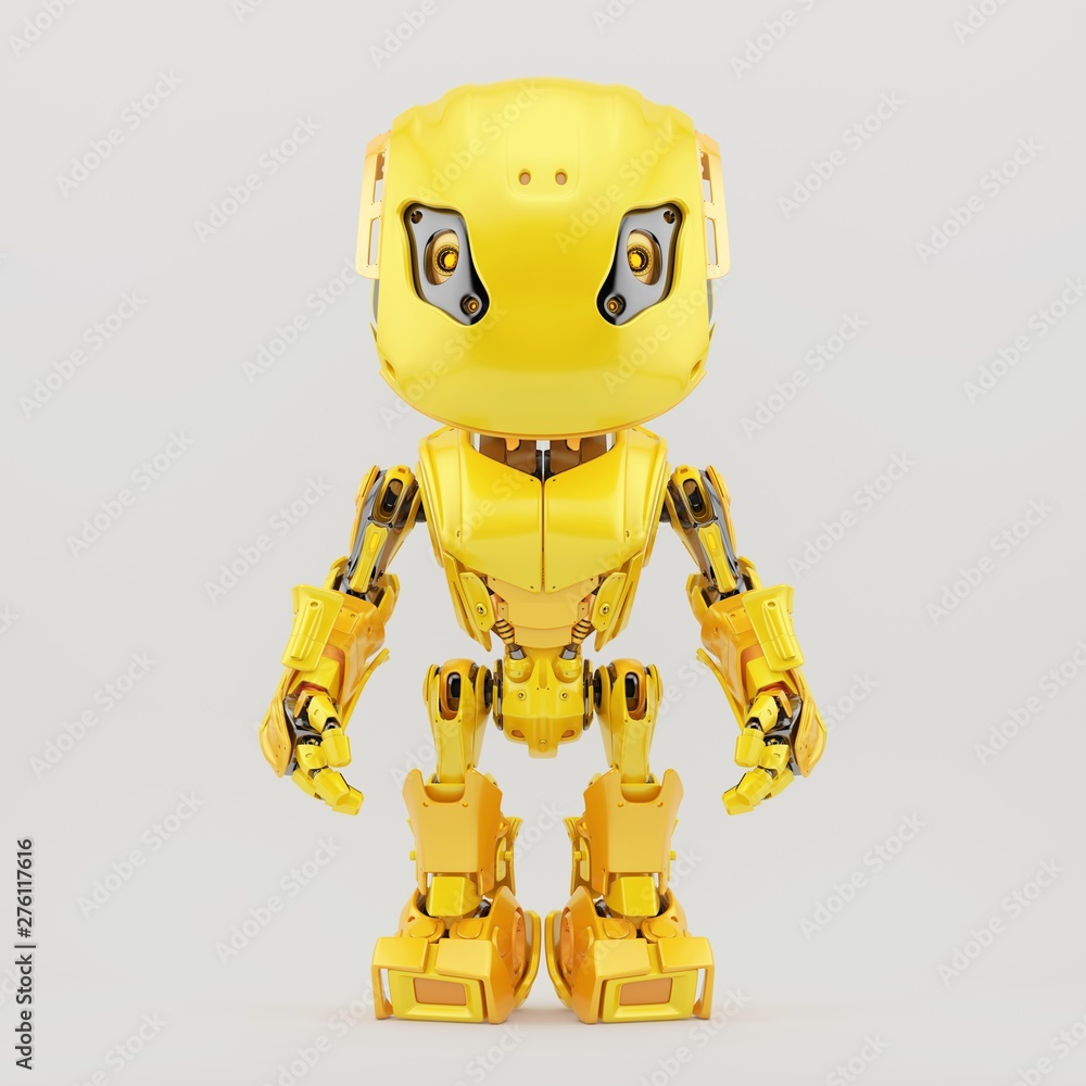 Poster robot character in bright yellow color, front view 3d rendering