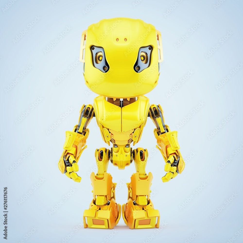 Poster robot character in bright yellow color, front view 3d rendering