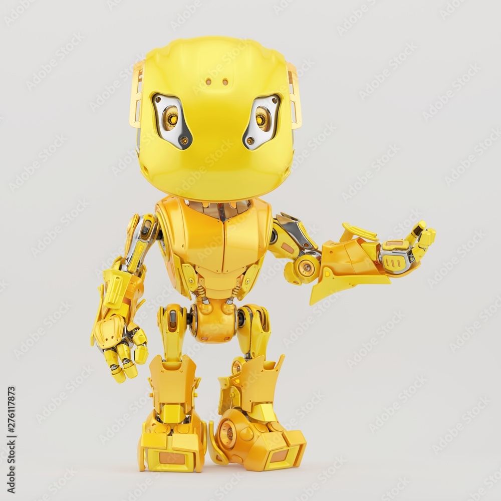 Poster gesturing yellow robot, 3d rendering