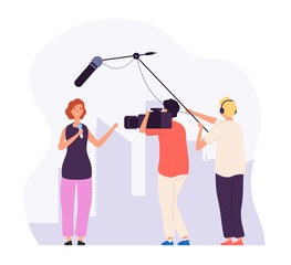 Journalist report. Girl reporter with microphone tv channel broadcasting professional crew operator television news vector concept. Illustration of journalist correspondent, operator and reporter