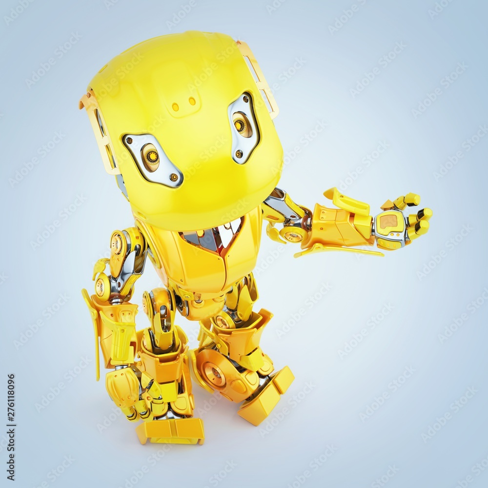 Poster gesturing yellow robot, 3d rendering in upper view