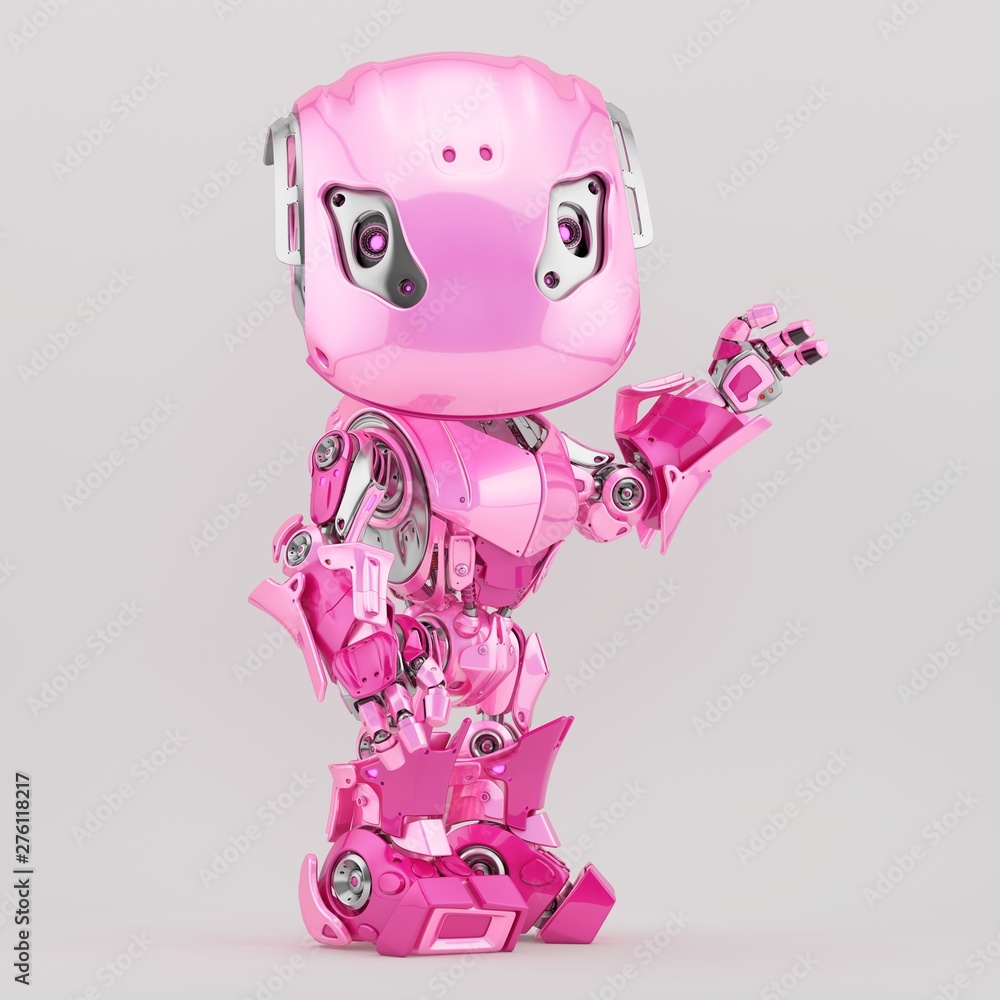 Poster gesturing robot character in girlish pink color, front view 3d rendering
