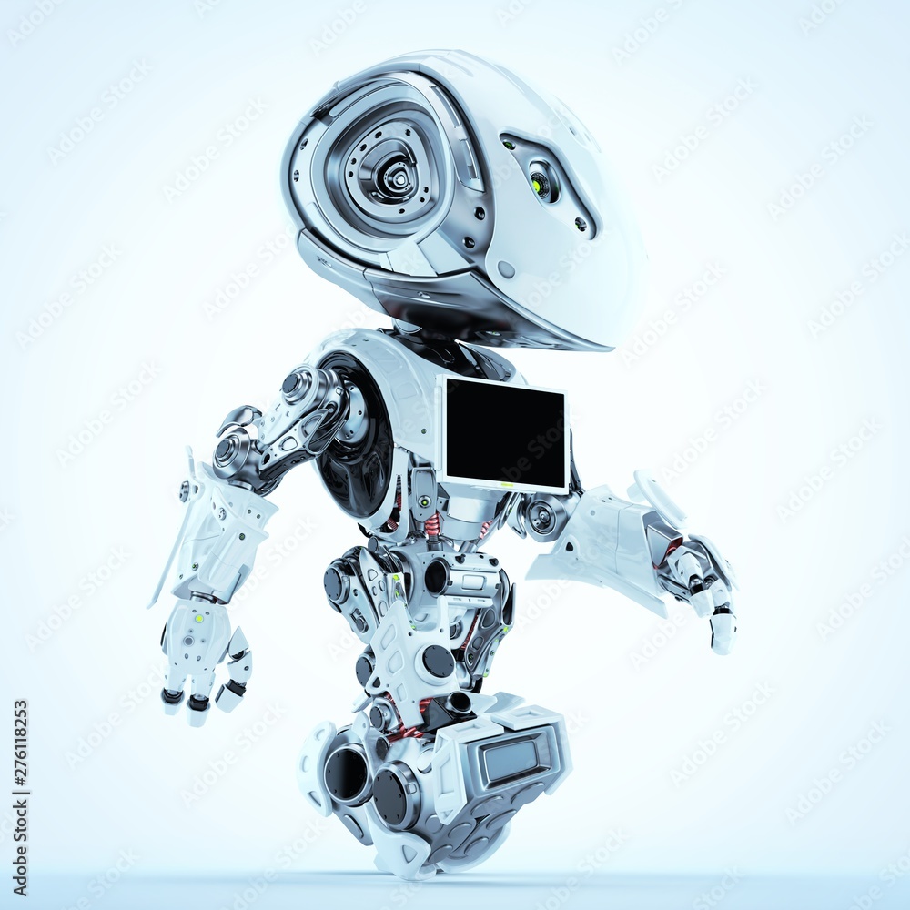 Poster walking robot with monitor screen on chest, side 3d rendering