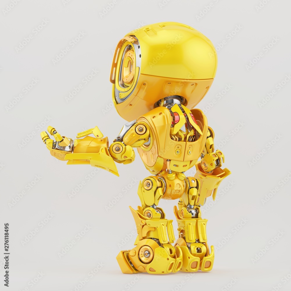 Poster gesturing yellow robot backwards, 3d rendering