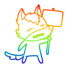 rainbow gradient line drawing cartoon wolf with sign post showing teeth