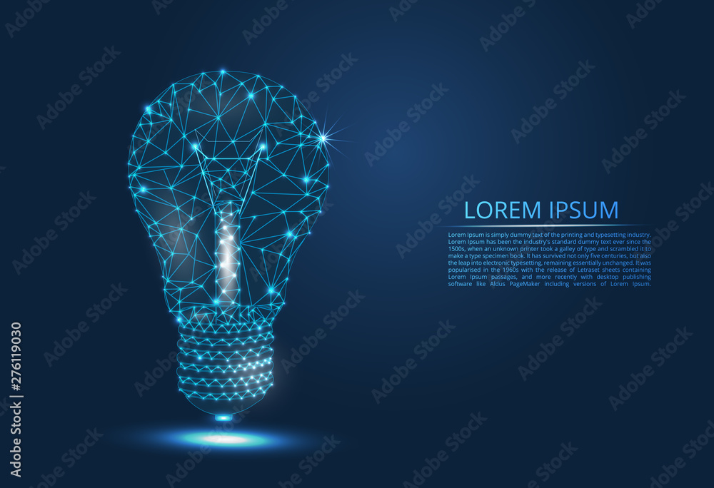 Aufkleber abstract image of a light bulb of lines and triangles, dots, connecting the network on a blue backgr