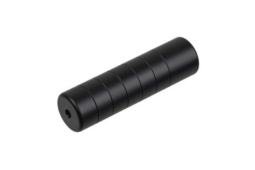 Black silencer for weapons. Suppressor that is at the end of an assault rifle.