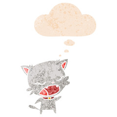 cartoon cat talking and thought bubble in retro textured style