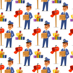 Postman delivery man character vector courier occupation carrier package mail shipping deliver professional people with envelope seamless pattern background.