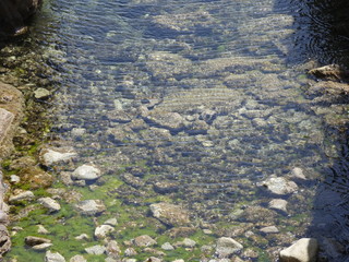 Vista interior del agua de una cala, se ven las piedras, las rocas debajo del agua, agua transparente y cristalina