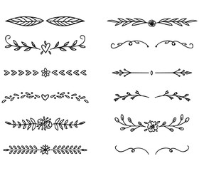 Hand drawn vector dividers. Lines, borders and laurels set. Doodle design elements.