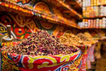 tea and different ingredients on shelf of night market street shops