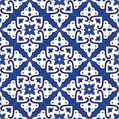 Vintage tile pattern vector seamless with blue and white ornaments. Italian ceramic motif texture. Majolica mosaic background for kitchen wall or bathroom floor.