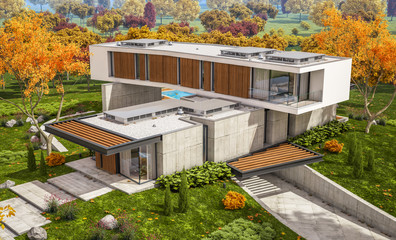 3d rendering of modern cozy house on the hill with garage and pool for sale or rent with beautiful landscaping on background. Clear sunny autumn day with golden leafs anywhere