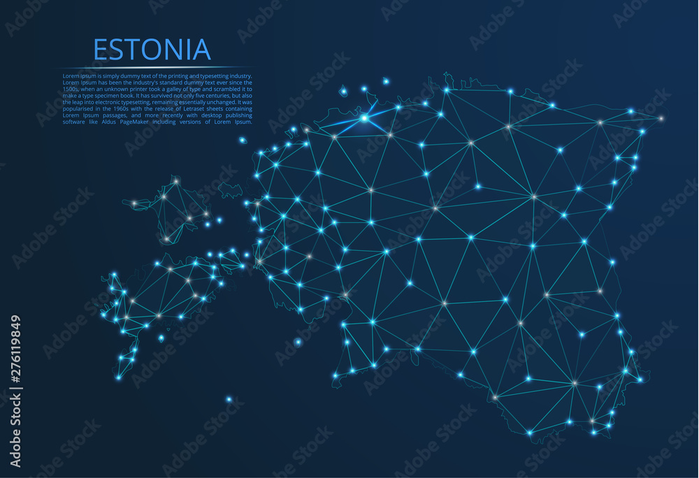 Aufkleber estonia communication network map. vector low poly image of a global map with lights in the form of 