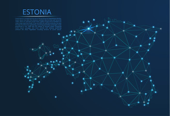 Estonia communication network map. Vector low poly image of a global map with lights in the form of cities in or population density consisting of points and shapes in the form of stars and space.