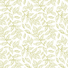 Fototapeta premium Seamless pattern with golden silhouettes of leaves and branches. Design for fabrics, wallpapers, textiles, web design. Isolated on white.