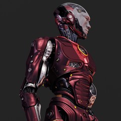 Athletic robot in red with white semi-transparent facial mask, 3d rendering