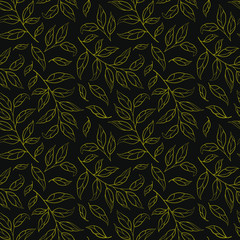 Seamless pattern with golden silhouettes of leaves and branches on black background. Design for fabrics, wallpapers, textiles, web design.