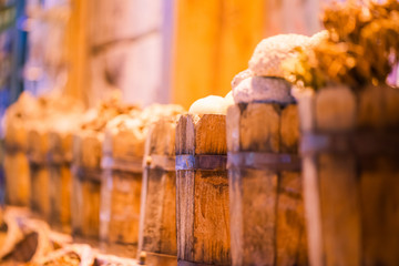 food ingredients in wooden barrels of night market street shops