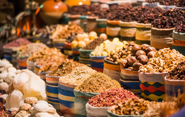 food tea and different ingredients on shelf of night market street shops - Powered by Adobe