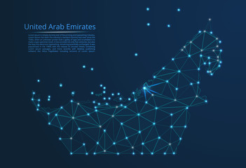 United Arab Emirates communication network map. Vector low poly image of a global map with lights in the form of cities in or population density consisting of points and shapes