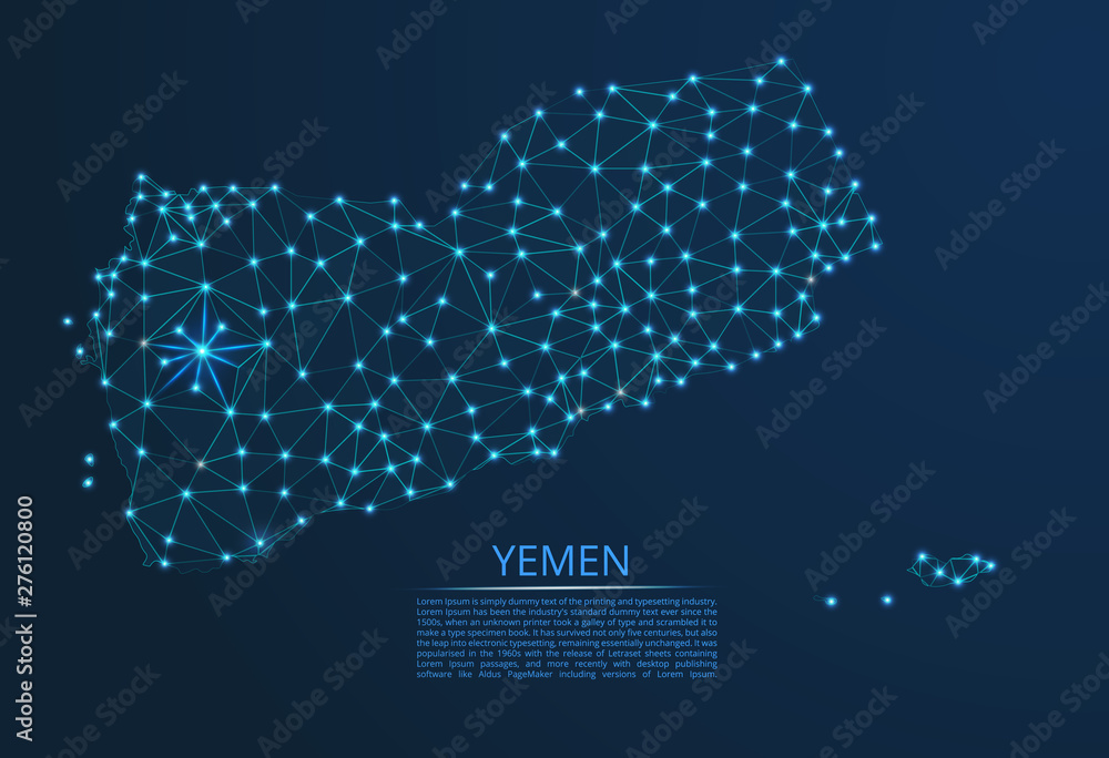 Poster yemen communication network map. vector low poly image of a global map with lights in the form of ci