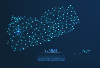 Yemen communication network map. Vector low poly image of a global map with lights in the form of cities in or population density consisting of points and shapes in the form of stars and space.