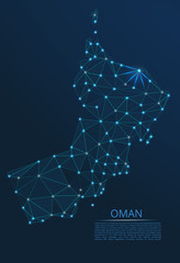 Oman communication network map. Vector low poly image of a global map with lights in the form of cities in or population density consisting of points and shapes in the form of stars and space.