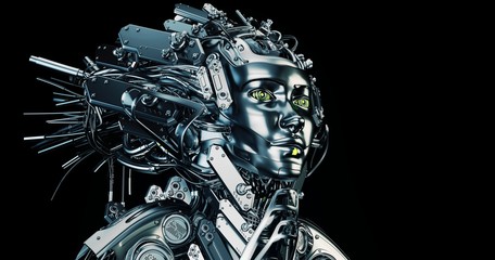 Steel robotic geisha on black background, 3d rendering
