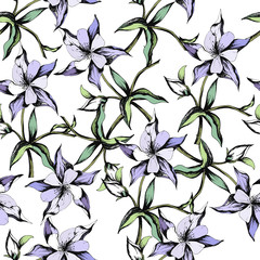 Summer floral petern. Violet flowers with green leaves. Cute seamless texture on a white background for fabric and tile.