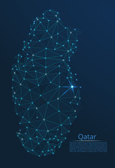 Qatar communication network map. Vector low poly image of a global map with lights in the form of cities in or population density consisting of points and shapes in the form of stars and space.