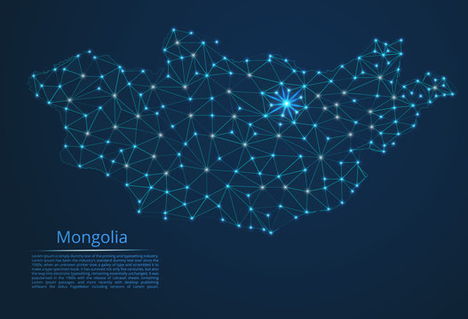 Mongolia communication network map. Vector low poly image of a global map with lights in the form of cities in or population density consisting of points and shapes in the form of stars and space.