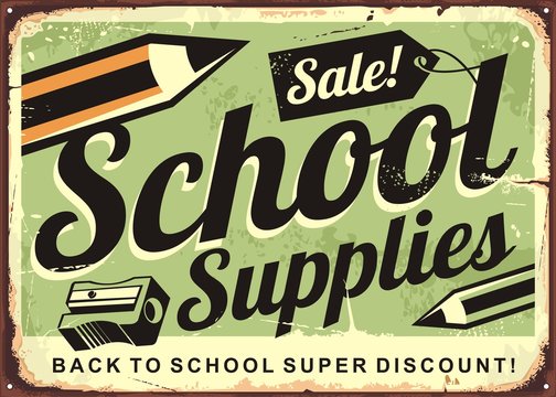 School supplies sale retro advertising sign
