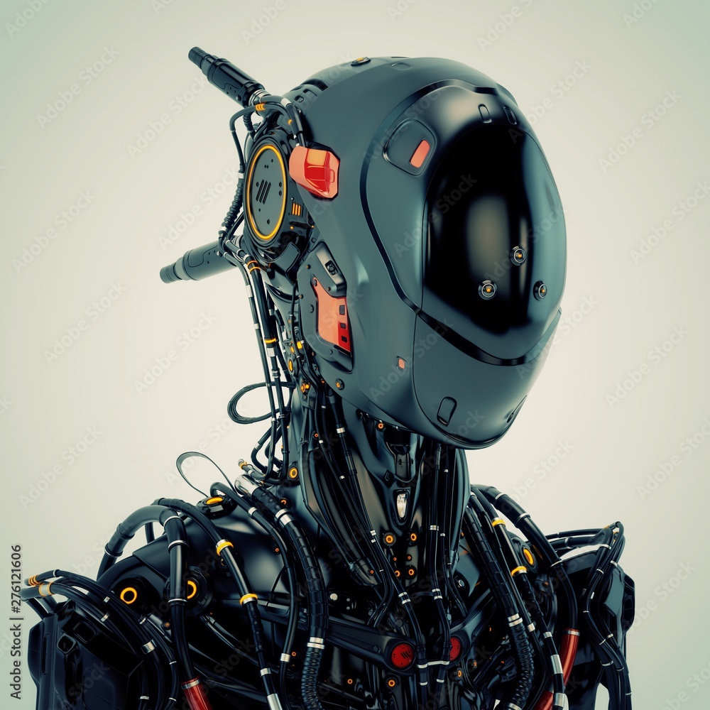 Poster black robot pilot with red elements and multiple cables, 3d rendering