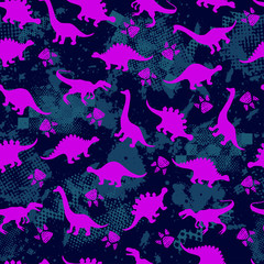 Cute kids dinosaurs pattern for girls and boys. Colorful dinosaurs on the abstract grunge background.. The dinosaurs pattern is made in neon colors. Urban pattern. backdrop for textile and fabric.