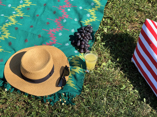Picnic blanket on green grass with grapes, glass juice. Straw hat, sunglasses and beach bag. Summer concept