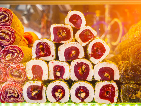 Traditional turkish lokum, street food Istanbul