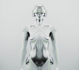 Woman robot. Futuristic silver robotic woman in front 3d rendering