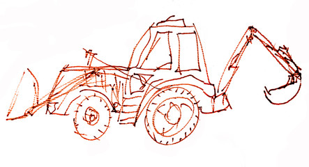 Tractor. Abstract drawing made by markers. Grunge style. Children's drawing by hand. Isolated