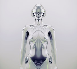 Obraz na płótnie Canvas Woman robot. Futuristic silver robotic woman in front 3d rendering