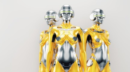 Gold and silver robot woman trio, 3d rendering