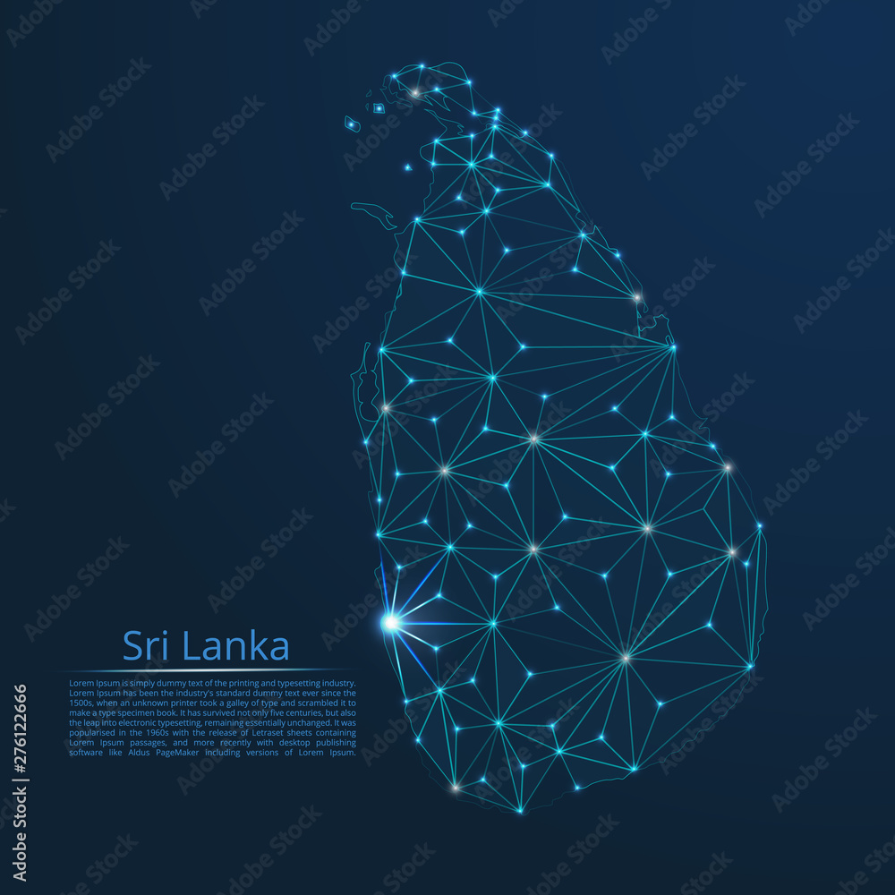 Poster sri lanka communication network map. vector low poly image of a global map with lights in the form o
