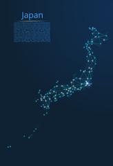 Japan communication network map. Vector low poly image of a global map with lights in the form of cities in or population density consisting of points and shapes in the form of stars and space.