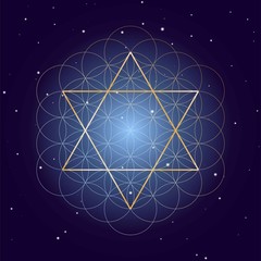 David Star with Flower of Life, on starry sky background, symbols of sacred geometry
