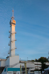 Obraz premium The Yaroslavl, Volga embankment, River station with night light. Luminous tower against the night sky