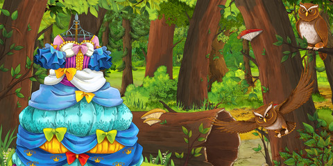cartoon summer scene with deep forest and bird owl and beautiful dress - nobody on scene - illustration for children