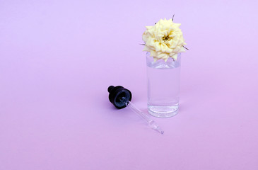 Glass bottle with pipette with oil or serum, with white rose flower on delicate background. Concept: organic bio cosmetics, vegetable oils, serum collagen, skin care